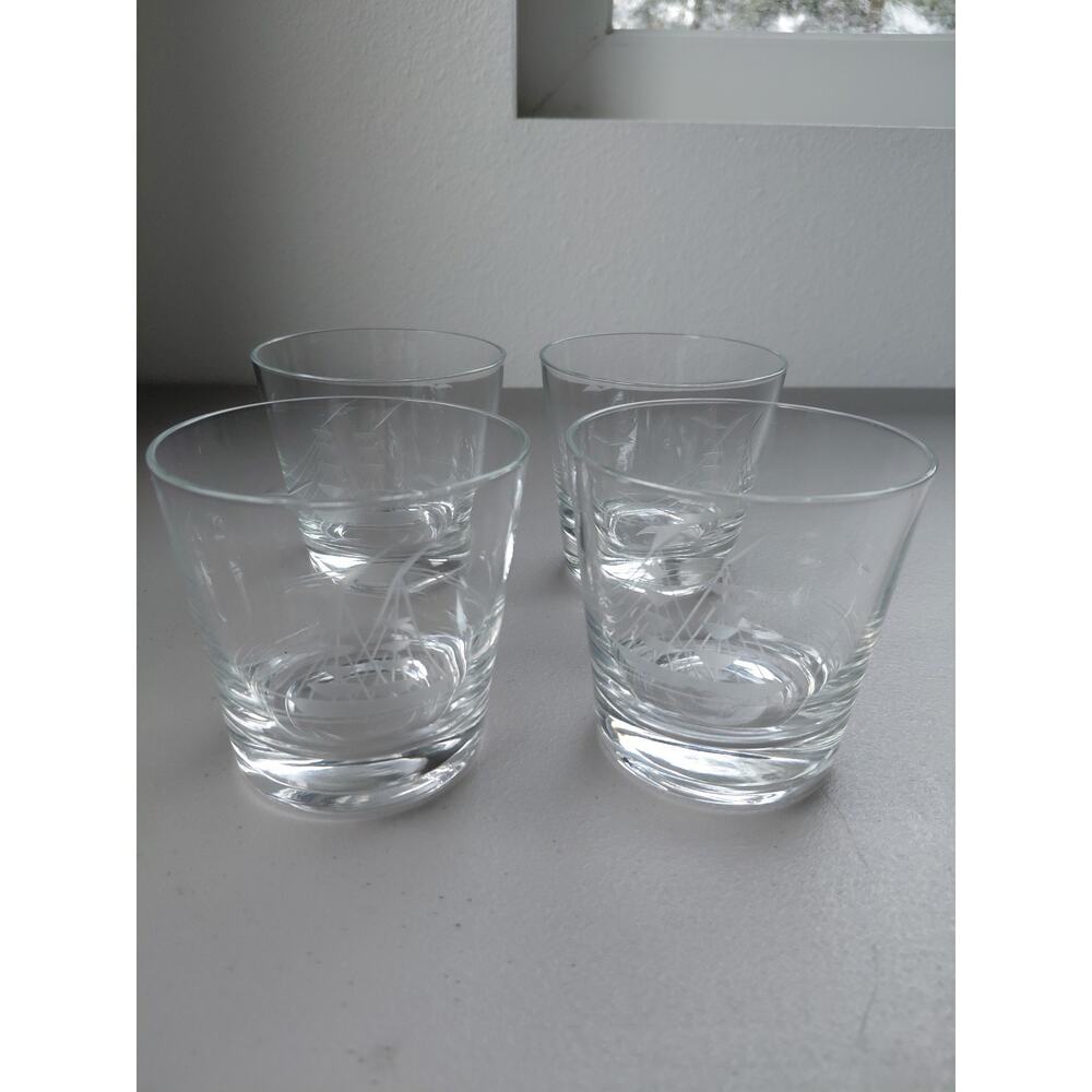4 Crystal Clipper Bar Glasses Rock Etched Ships Double Mast Schooner Dadcore VTG - Picture 2 of 6